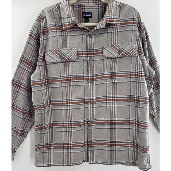 Patagonia Mens Flannel Fjord Gray Brown Plaid Shirt Button Down Large L Cotton - Picture 1 of 7